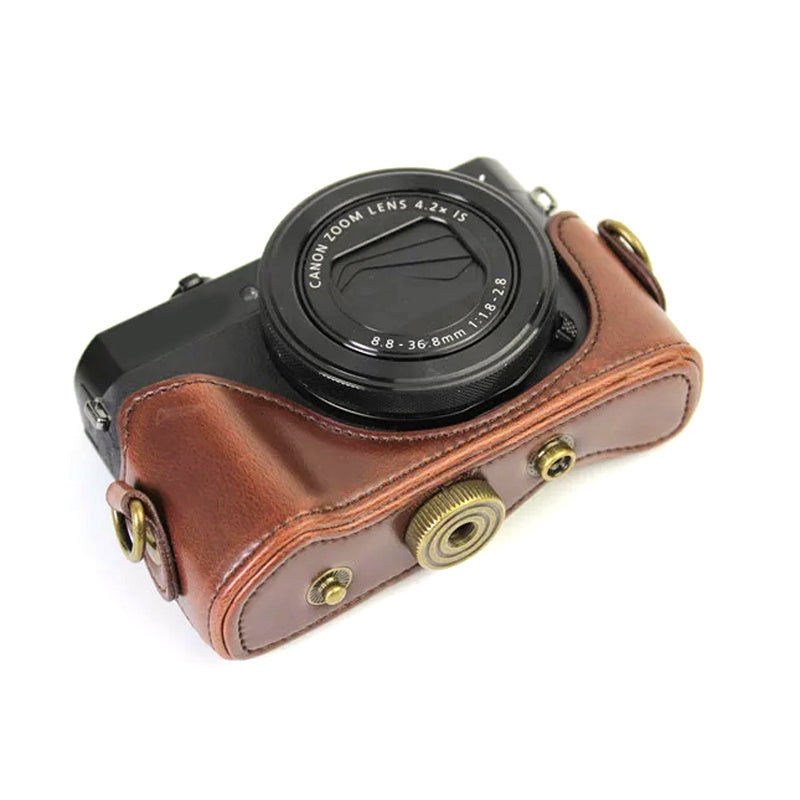 Uniqkart for Canon G7X Mark II / G7X Mark III Vintage Protective Cover Detachable PU Leather Camera Bag with Shoulder Strap - Coffee