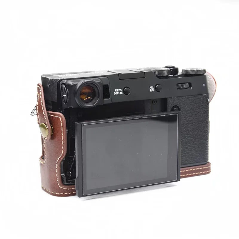 for FUJIFILM X100V / X100F Detachable Camera Case Bag, Battery Opening Design PU Leather + Flannel Lining Protective Cover with Shoulder Strap - Coffee