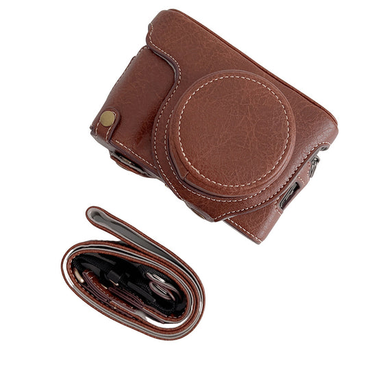 Uniqkart for FUJIFILM X100V / X100F Textured PU Leather Protective Cover Detachable Camera Case Bag with Battery Opening Design and Shoulder Strap - Coffee