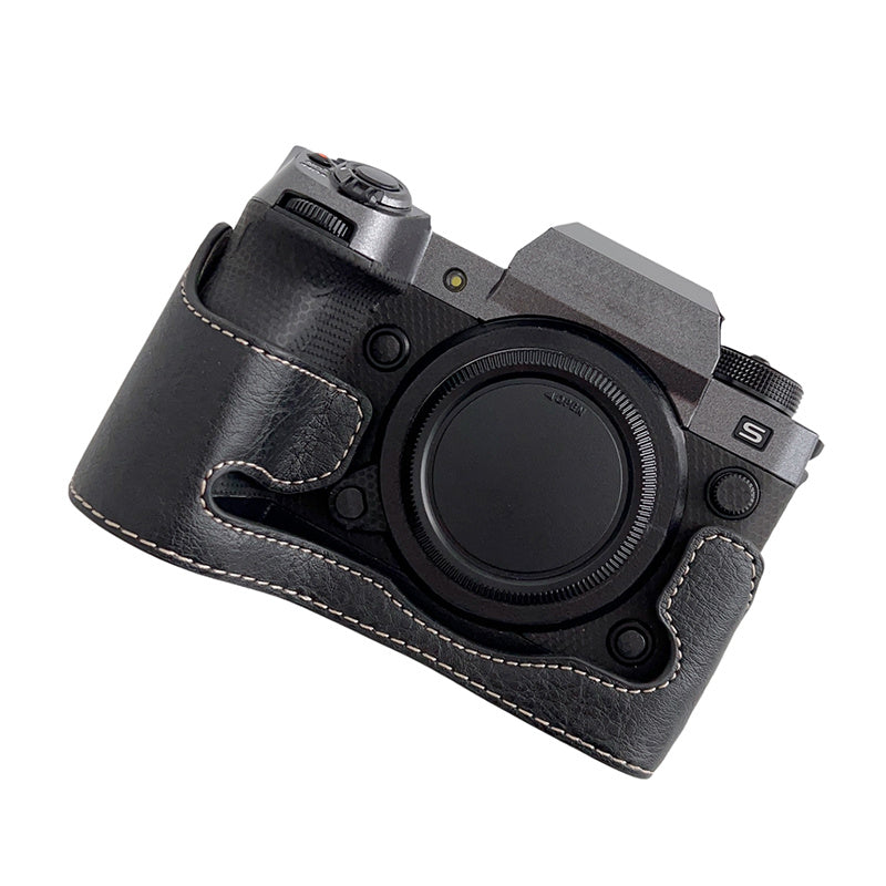 Uniqkart for Fujifilm X-H2s / X-H2 Buffalo Texture PU Leather Camera Bottom Case Half Body Protective Cover with Battery Opening - Black