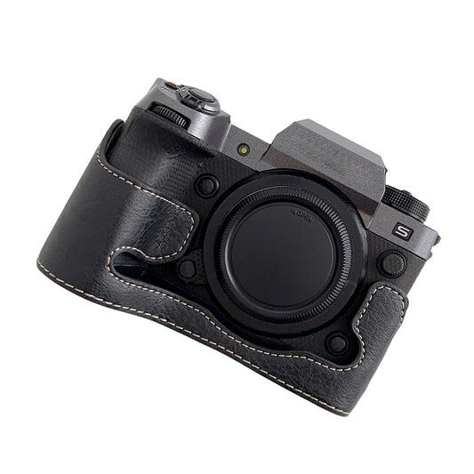 Uniqkart for Fujifilm X-H2s / X-H2 Buffalo Texture PU Leather Camera Bottom Case Half Body Protective Cover with Battery Opening - Black