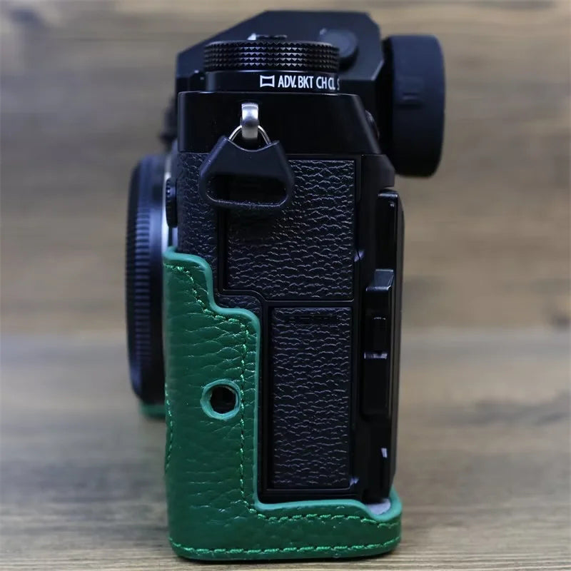 Uniqkart for Fujifilm X-T5 Genuine Leather Camera Case Battery Opening Design Protective Cover - Green