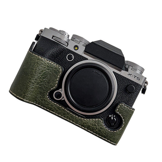 Uniqkart for Fujifilm X-T5 Buffalo Texture PU Leather Camera Bottom Case Flannel Lining Half Body Protective Cover with Battery Opening - Green