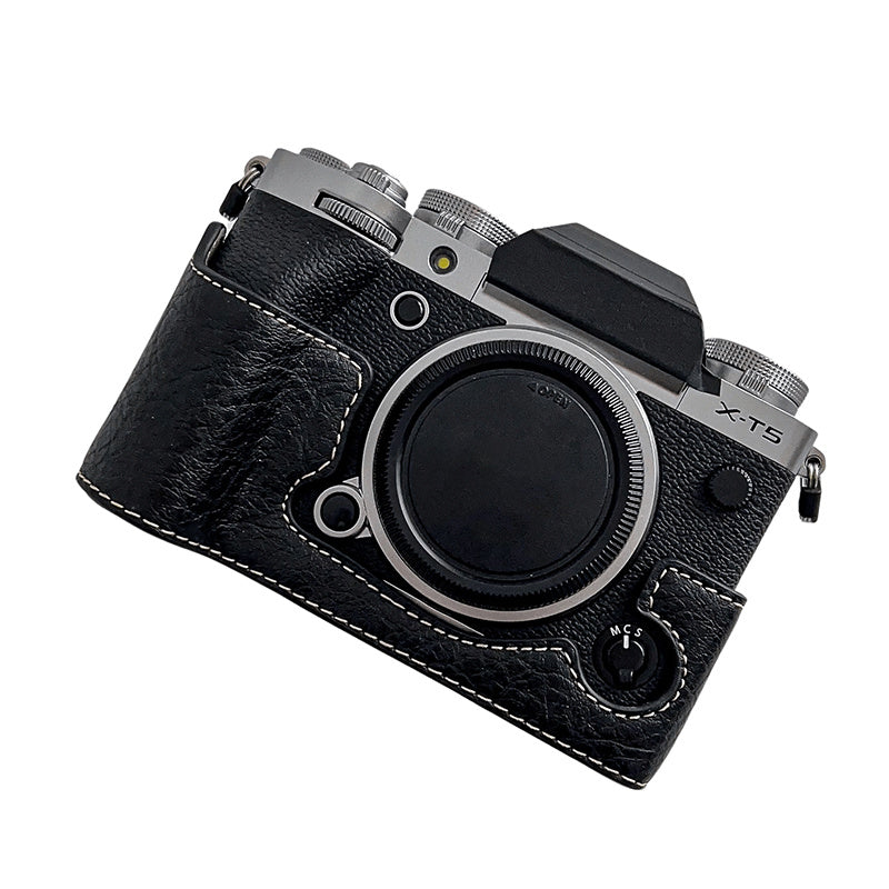 Uniqkart for Fujifilm X-T5 Buffalo Texture PU Leather Camera Bottom Case Flannel Lining Half Body Protective Cover with Battery Opening - Black