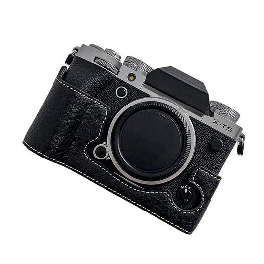 Uniqkart for Fujifilm X-T5 Buffalo Texture PU Leather Camera Bottom Case Flannel Lining Half Body Protective Cover with Battery Opening - Black