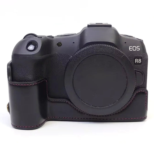 Uniqkart for Canon EOS R8 PU Leather Camera Bottom Case Half Body Protective Cover with Battery Opening - Black