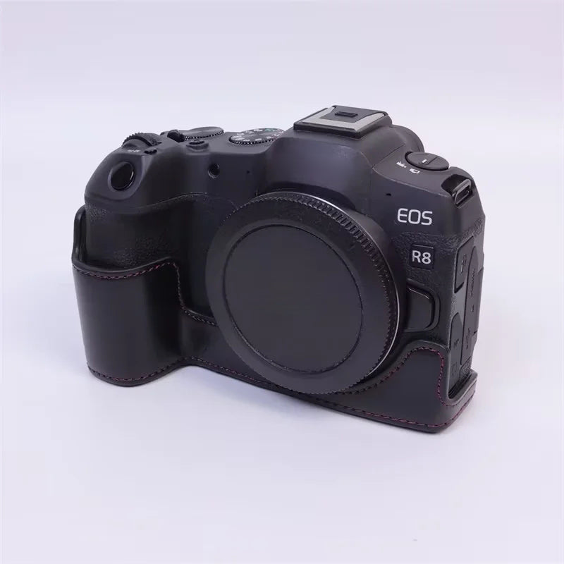 Uniqkart for Canon EOS R8 PU Leather Camera Bottom Case Half Body Protective Cover with Battery Opening - Black