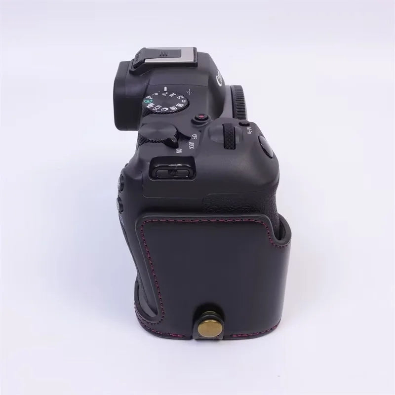 Uniqkart for Canon EOS R8 PU Leather Camera Bottom Case Half Body Protective Cover with Battery Opening - Black