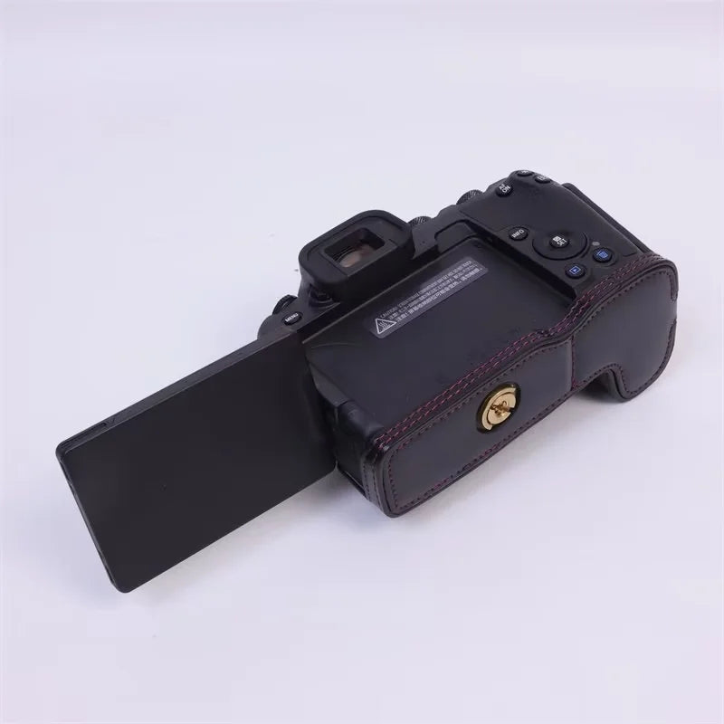 Uniqkart for Canon EOS R8 PU Leather Camera Bottom Case Half Body Protective Cover with Battery Opening - Black