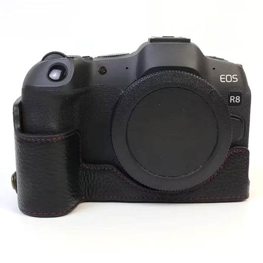 Uniqkart for Canon EOS R8 Genuine Cow Leather Camera Bottom Case Half Body Cover with Battery Opening - Black