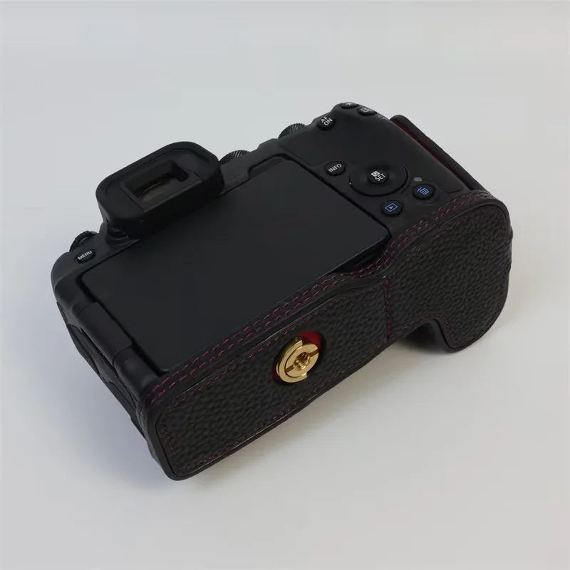 Uniqkart for Canon EOS R8 Genuine Cow Leather Camera Bottom Case Half Body Cover with Battery Opening - Black