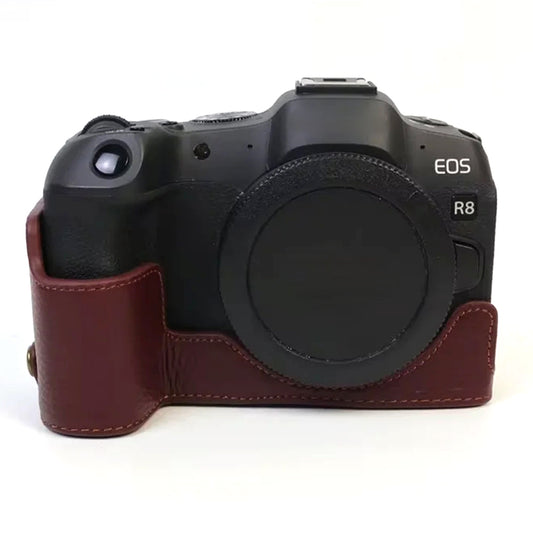 Uniqkart for Canon EOS R8 Genuine Cow Leather Camera Bottom Case Half Body Cover with Battery Opening - Coffee