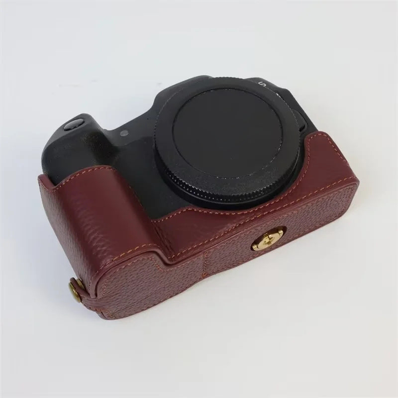 Uniqkart for Canon EOS R8 Genuine Cow Leather Camera Bottom Case Half Body Cover with Battery Opening - Coffee