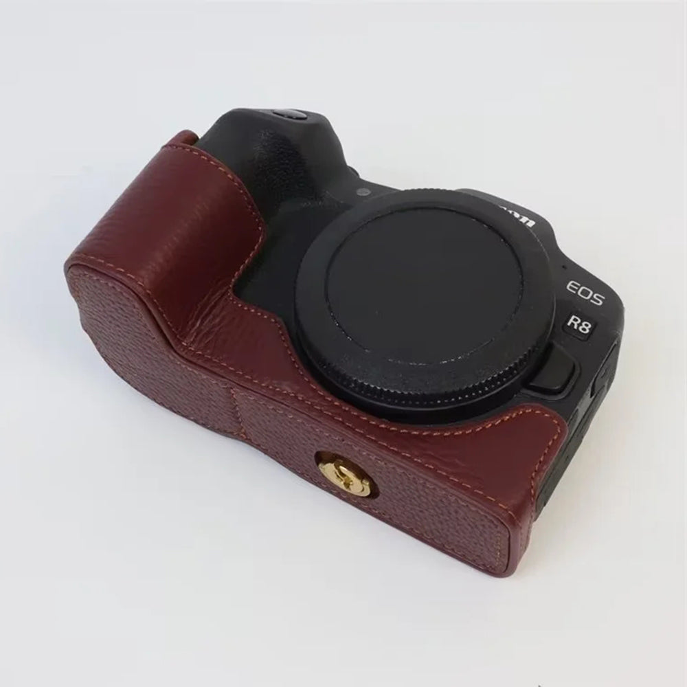 Uniqkart for Canon EOS R8 Genuine Cow Leather Camera Bottom Case Half Body Cover with Battery Opening - Coffee