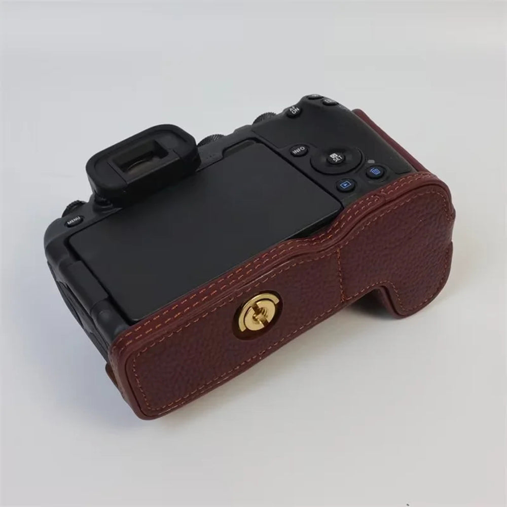 Uniqkart for Canon EOS R8 Genuine Cow Leather Camera Bottom Case Half Body Cover with Battery Opening - Coffee