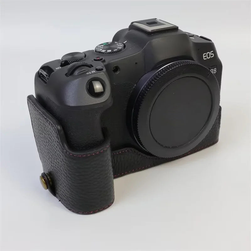 Uniqkart for Canon EOS R8 Genuine Cow Leather Camera Bottom Case Half Body Cover with Battery Opening - White