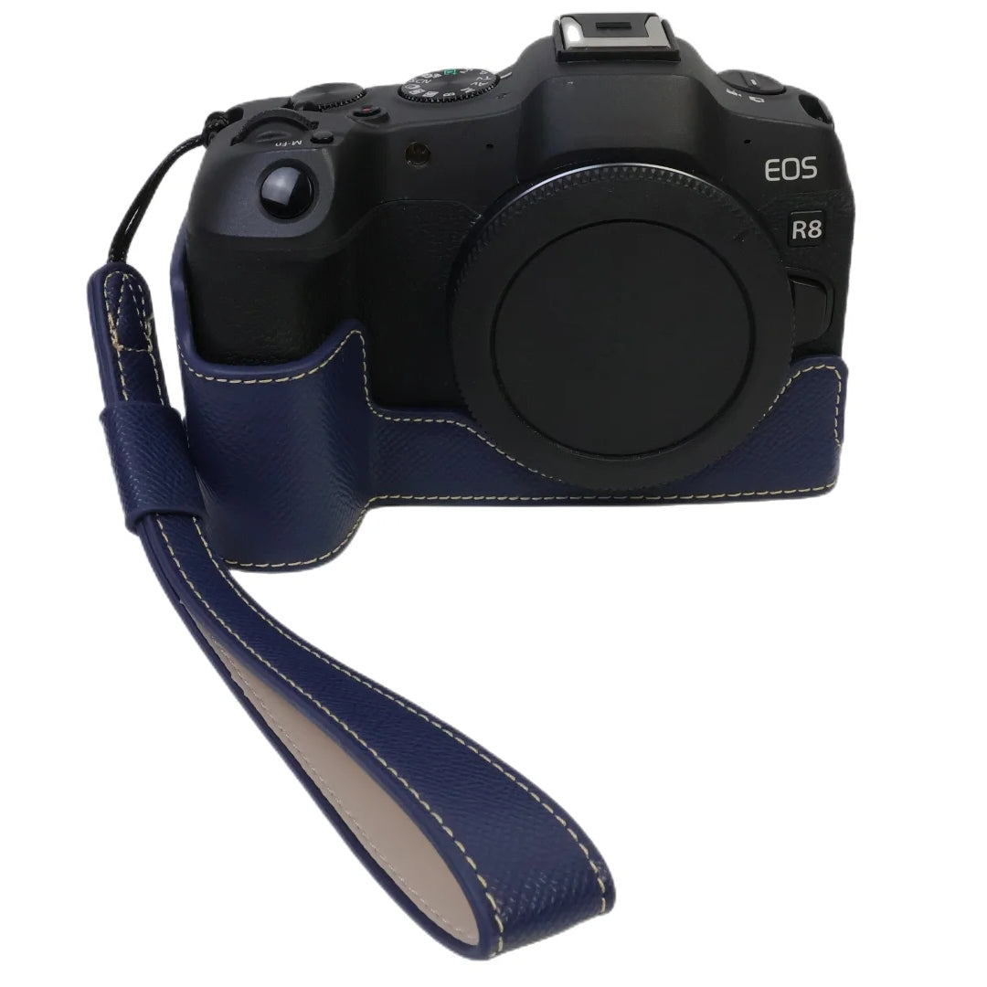 Uniqkart for Canon EOS R8 PU Leather Camera Base Battery Opening Design Detachable Protective Cover with Shoulder Strap - Sapphire