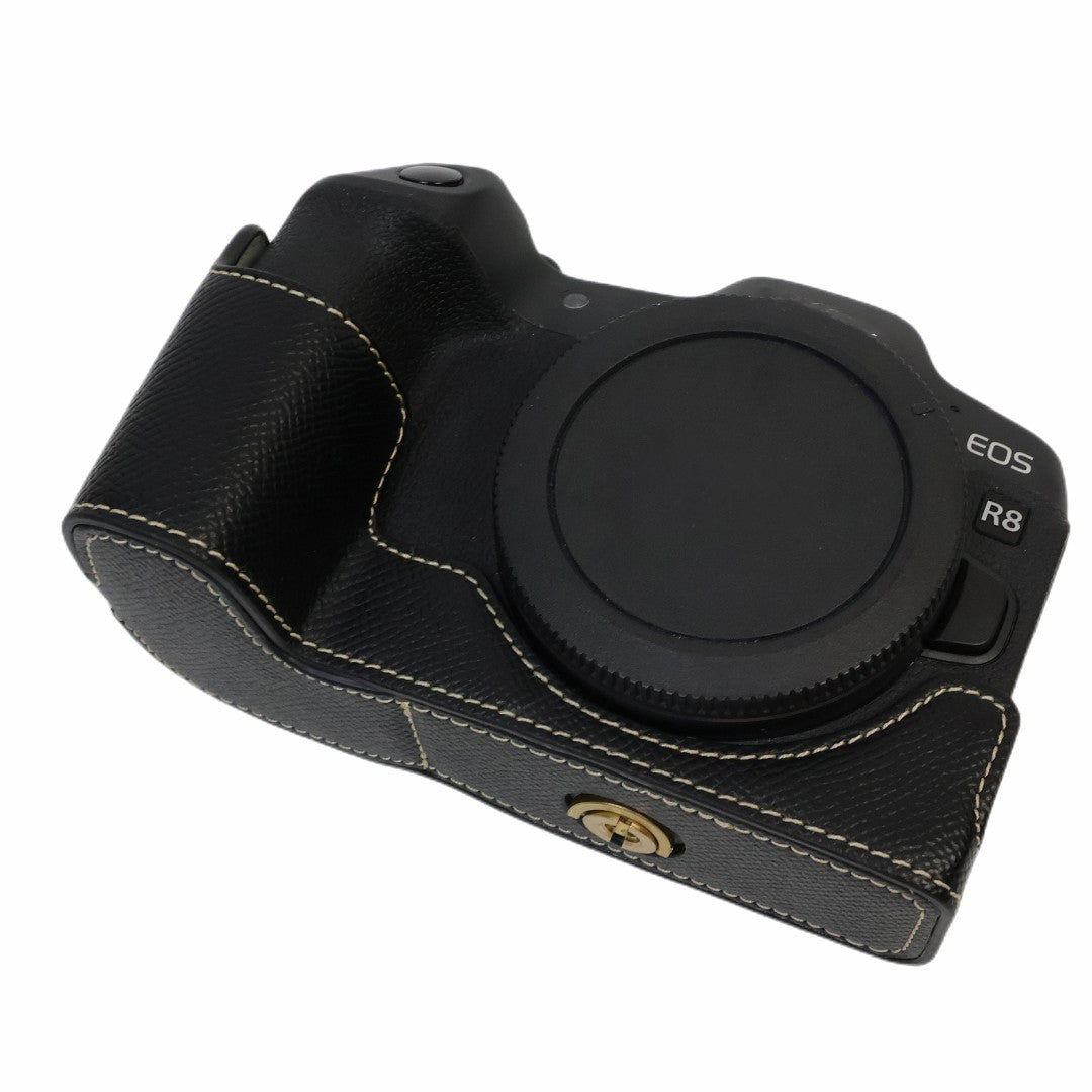 Uniqkart for Canon EOS R8 PU Leather Camera Base Battery Opening Design Detachable Protective Cover with Shoulder Strap - Black