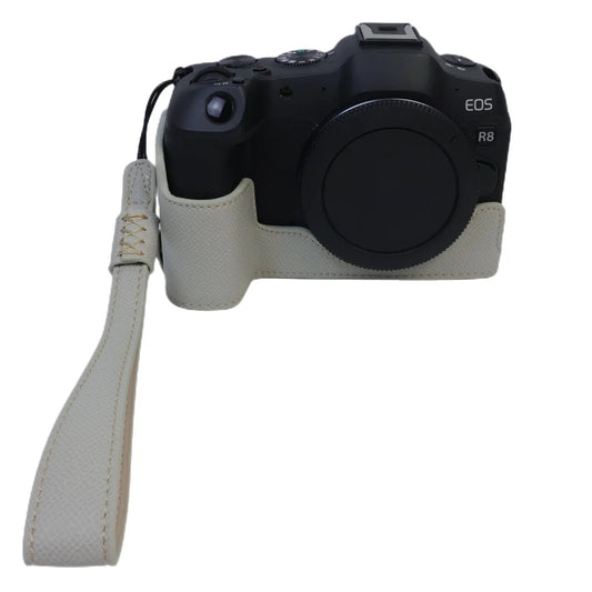 Uniqkart for Canon EOS R8 PU Leather Camera Base Battery Opening Design Detachable Protective Cover with Shoulder Strap - Light Grey