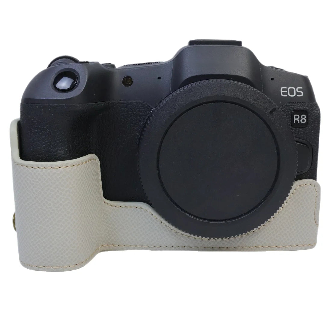 Uniqkart for Canon EOS R8 PU Leather Camera Base Battery Opening Design Detachable Protective Cover with Shoulder Strap - Light Grey