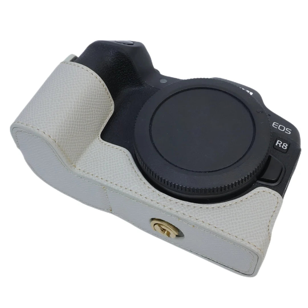 Uniqkart for Canon EOS R8 PU Leather Camera Base Battery Opening Design Detachable Protective Cover with Shoulder Strap - Light Grey