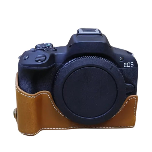 Uniqkart for Canon EOS R50 Camera Bottom Sleeve Large Opening Design PU Leather Half Body Case - Brown
