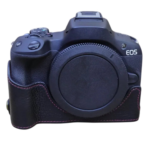 Uniqkart for Canon EOS R50 Anti-scratch Genuine Leather Camera Bottom Cover Large Opening Design Half Body Case - Black