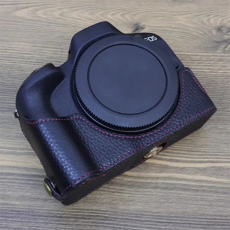 Uniqkart for Canon EOS R50 Anti-scratch Genuine Leather Camera Bottom Cover Large Opening Design Half Body Case - Black