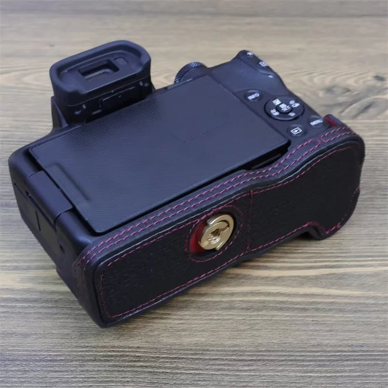 Uniqkart for Canon EOS R50 Anti-scratch Genuine Leather Camera Bottom Cover Large Opening Design Half Body Case - Black