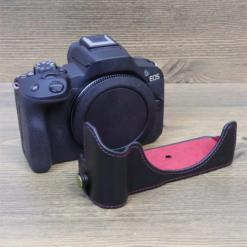 Uniqkart for Canon EOS R50 Anti-scratch Genuine Leather Camera Bottom Cover Large Opening Design Half Body Case - Black