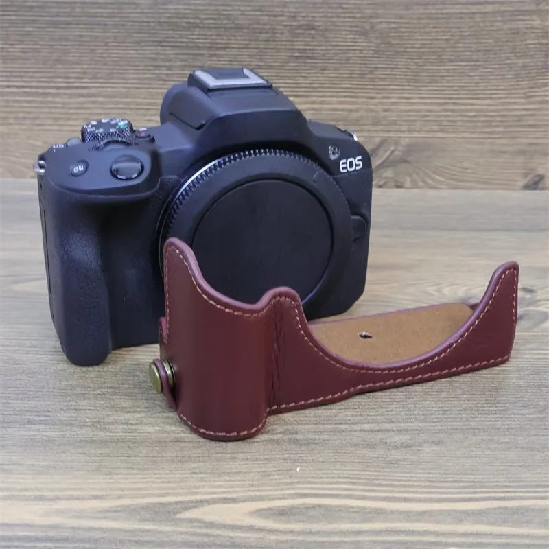 Uniqkart for Canon EOS R50 Anti-scratch Genuine Leather Camera Bottom Cover Large Opening Design Half Body Case - Coffee