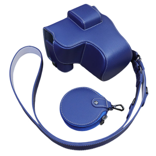 Uniqkart for Canon EOS R8 PU Leather Case Digital Camera Battery Opening Design Bag with Strap and Small Bag - Dark Blue