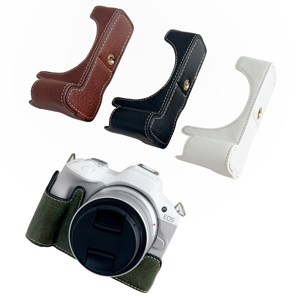 Uniqkart for Canon EOS R50 Buffalo Texture PU Leather Bottom Case Half Body Camera Cover with Battery Opening - White