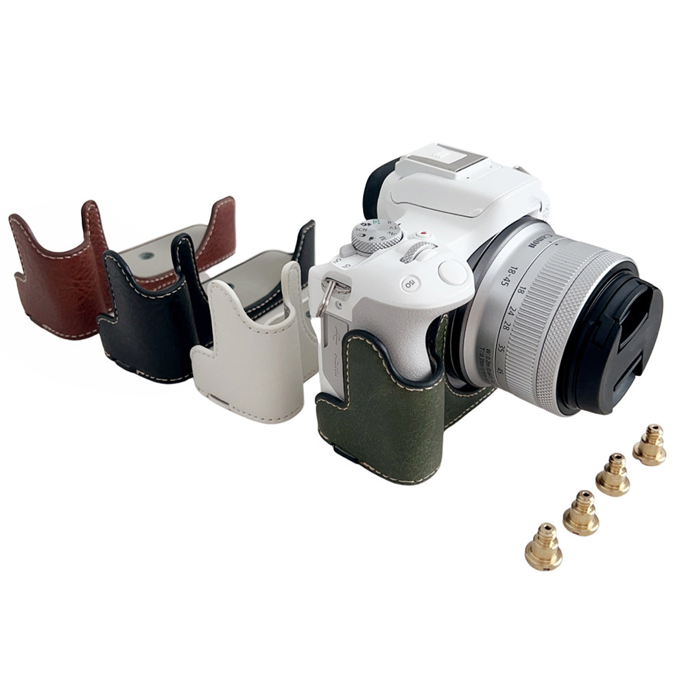 Uniqkart for Canon EOS R50 Buffalo Texture PU Leather Bottom Case Half Body Camera Cover with Battery Opening - White