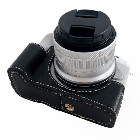 Uniqkart for Canon EOS R50 Buffalo Texture PU Leather Bottom Case Half Body Camera Cover with Battery Opening - Black