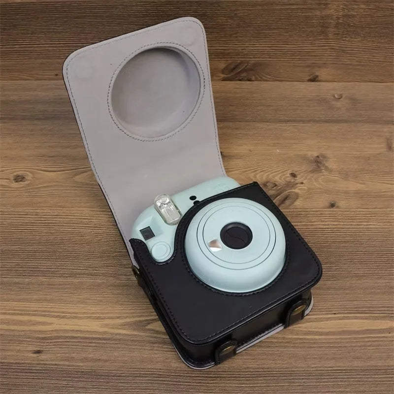 Uniqkart for Fujifilm Instax Mini 12 PU Leather Camera Bag Protective Cover with Shoulder Strap - Black
