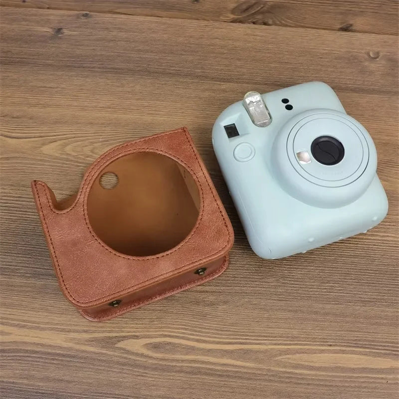 Uniqkart for Fujifilm Instax Mini 12 PU Leather Camera Bag Protective Cover with Shoulder Strap - Brown