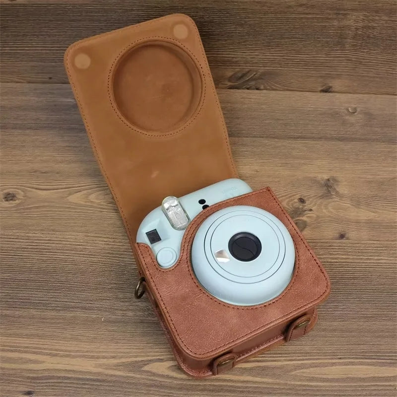 Uniqkart for Fujifilm Instax Mini 12 PU Leather Camera Bag Protective Cover with Shoulder Strap - Brown