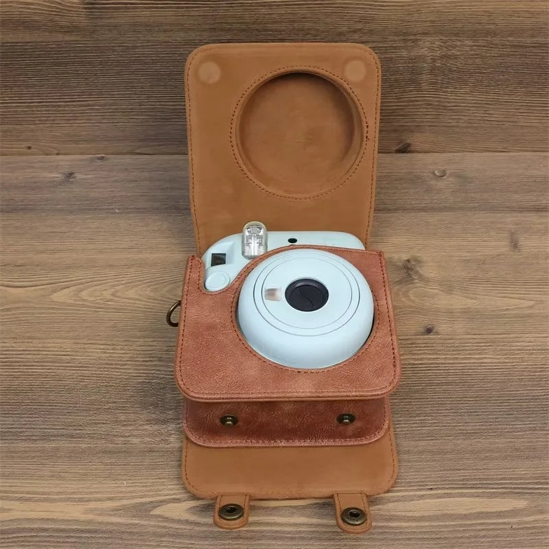 Uniqkart for Fujifilm Instax Mini 12 PU Leather Camera Bag Protective Cover with Shoulder Strap - Brown