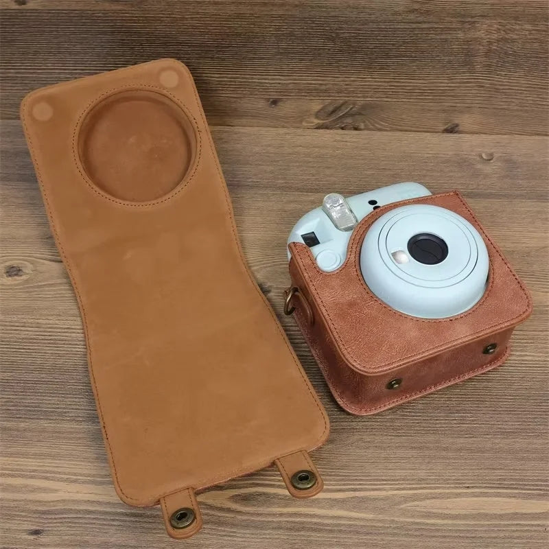 Uniqkart for Fujifilm Instax Mini 12 PU Leather Camera Bag Protective Cover with Shoulder Strap - Brown