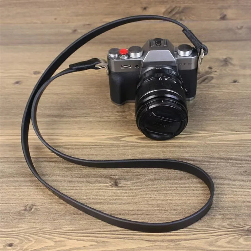 Two-layer Cowhide Genuine Leather Shoulder Strap for Sony Panasonic Fuji Nikon Camera Carrying Rope - Black