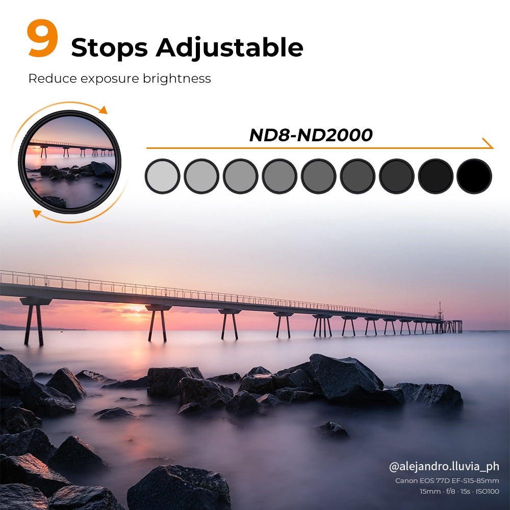 K&amp;F CONCEPT KF01.1361 82mm ND8-ND2000 ND Filter for Camera Lens 9-Stop Adjustable Neutral Density Multi-Coated Filter Waterproof Lens Filter