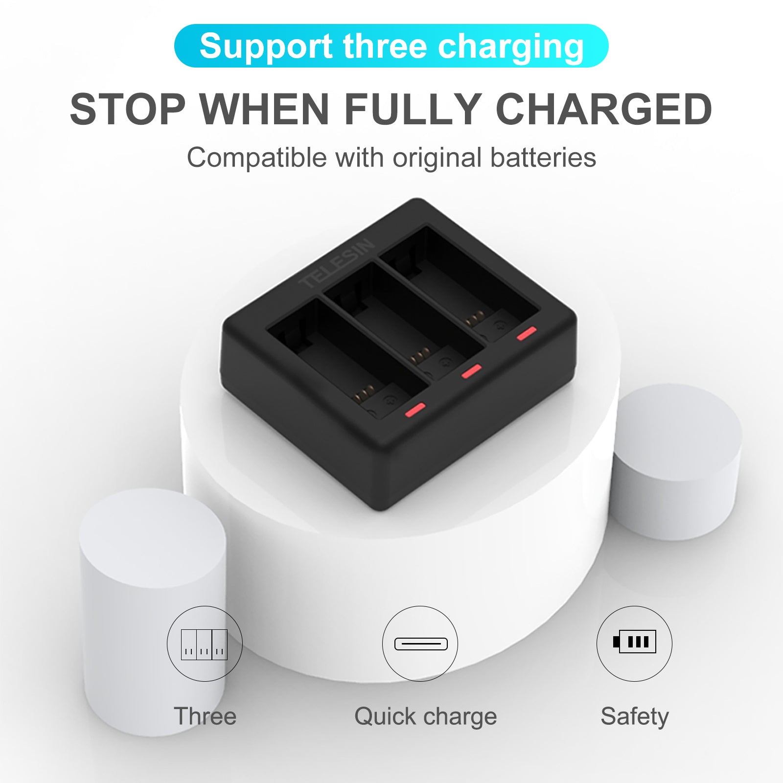 Triple Channel Battery Charger with Type-C Charging Cable for GoPro Hero 9