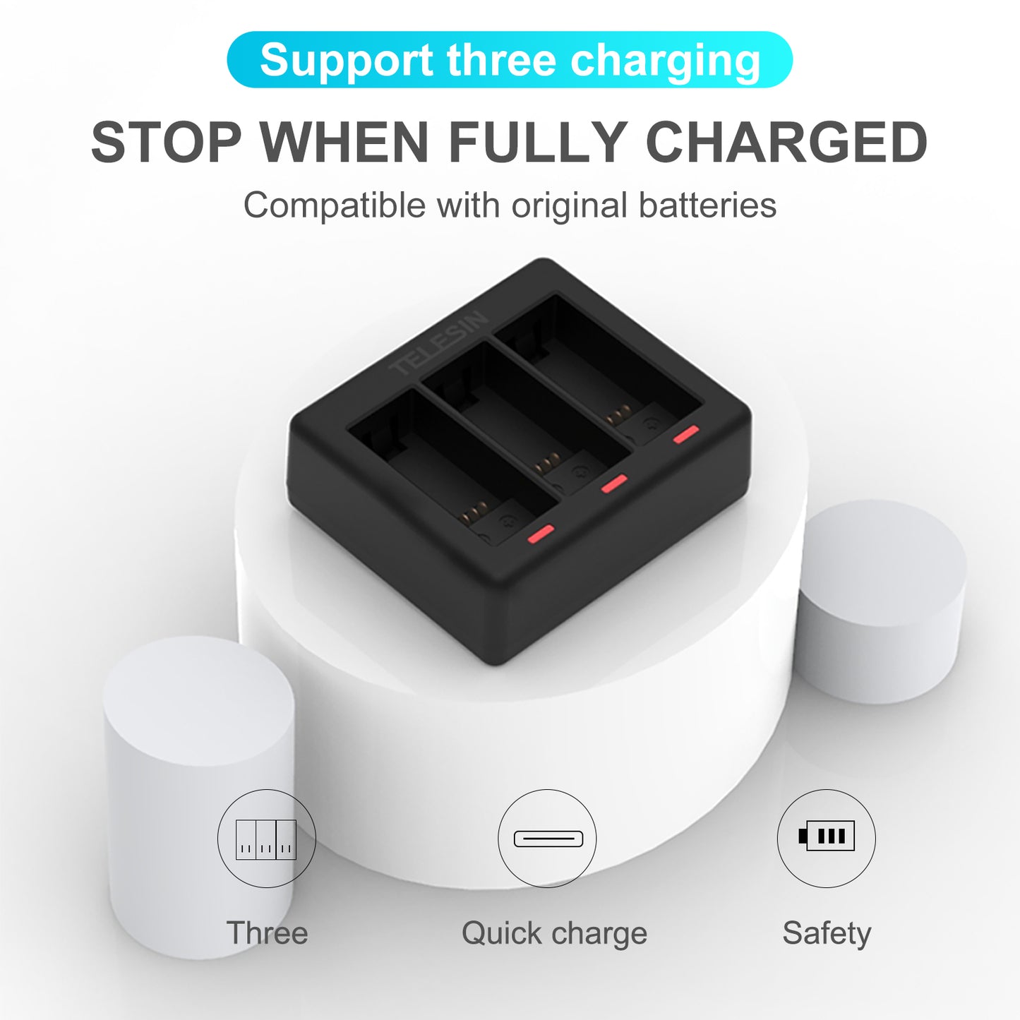 Triple Channel Battery Charger with Type-C Charging Cable for GoPro Hero 9