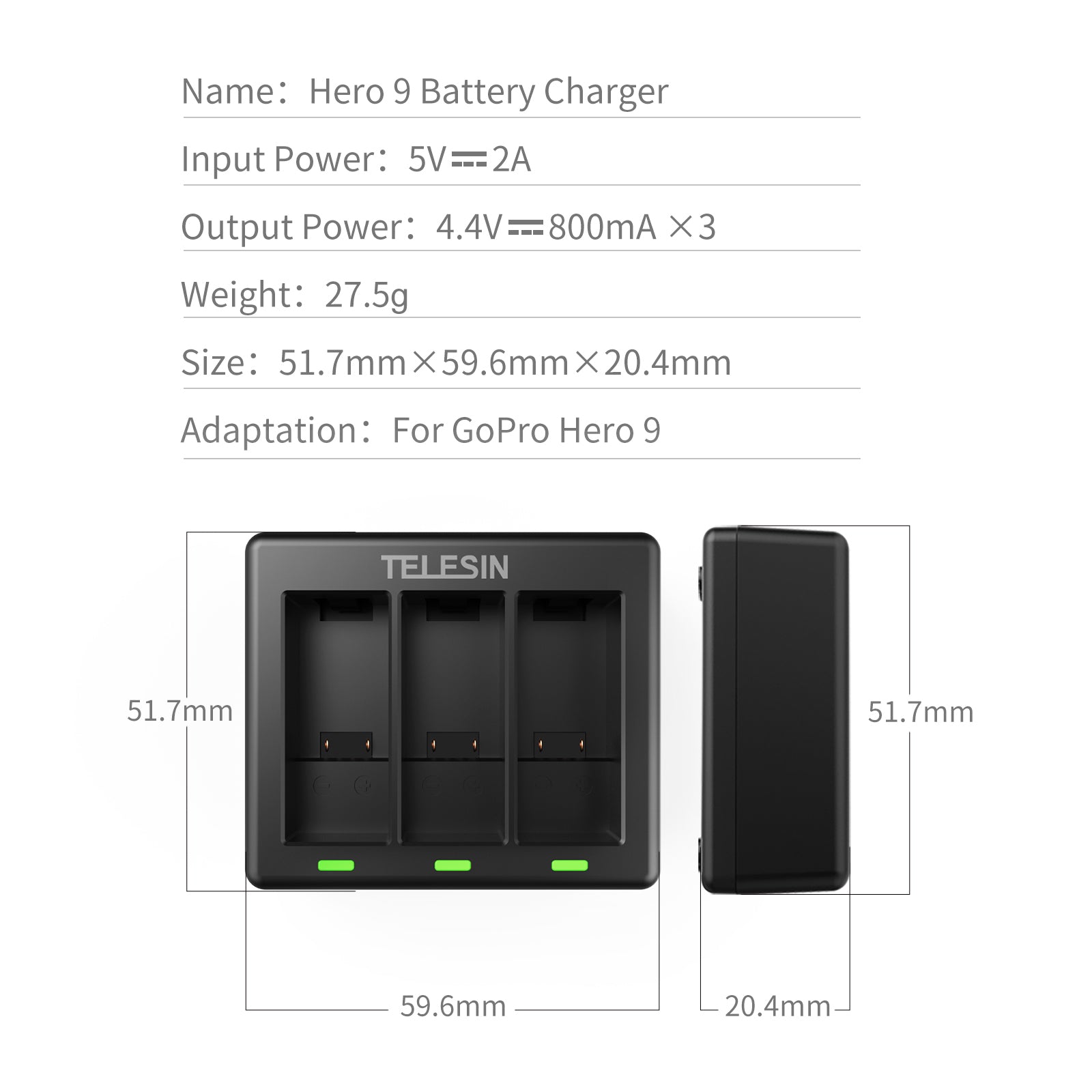 Triple Channel Battery Charger with Type-C Charging Cable for GoPro Hero 9