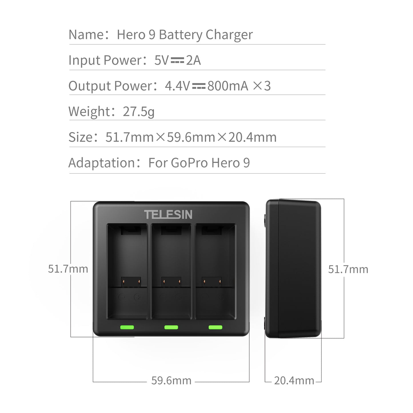 Triple Channel Battery Charger with Type-C Charging Cable for GoPro Hero 9
