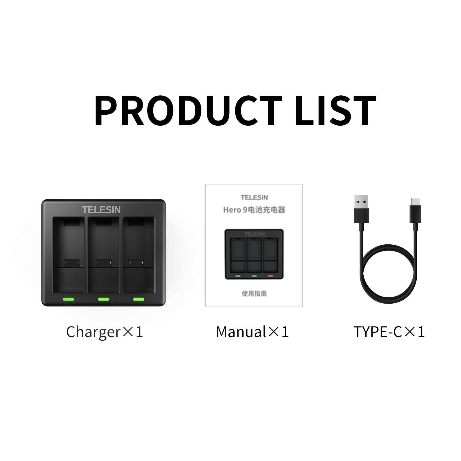 Triple Channel Battery Charger with Type-C Charging Cable for GoPro Hero 9