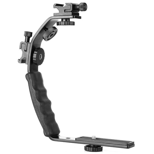 Photo Speedlite Dual Cold Shoe Hot Shoe Mount Grip Holder 1/4&quot; Screw Bracket Handle for Camera DSLR Video Flash