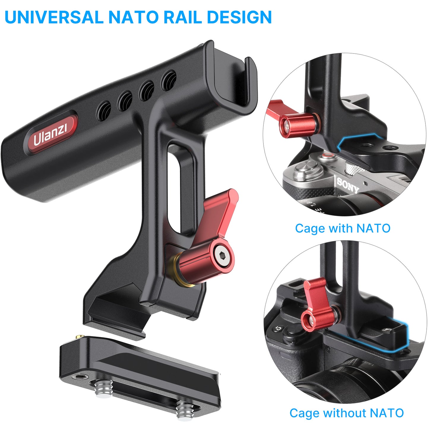 Uniqkart R084 Camera Cage Mini Metal Top Handle Aluminum Alloy Hand Grip with Cold Shoe Mount 1/4 Inch Screw Holes