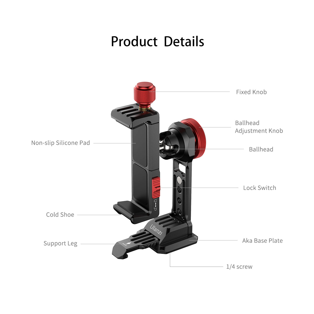 ULANZI ST-14 Aluminum Alloy 360&#176; Rotating Phone Holder Clip with Cold Shoe Universal Cellphone Holder Bracket